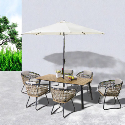 7-Piece Outdoor Wicker Dining Set With Table, Weather-Resistant Patio Dining Set With Cushioned Chairs For Garden, Deck, Backyard,