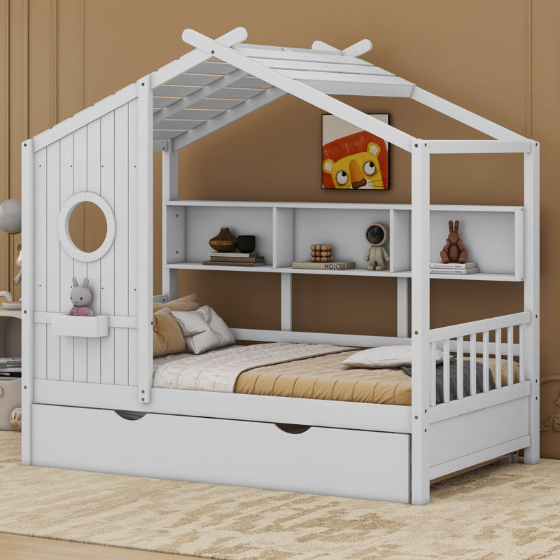 Lit avec lit gigogne et rangement Anallely, Simple, Blanc