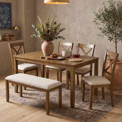 6-Piece Rectangular Dining Table Set with Upholstered Bench and 4 X-Back Chairs for Family Meals