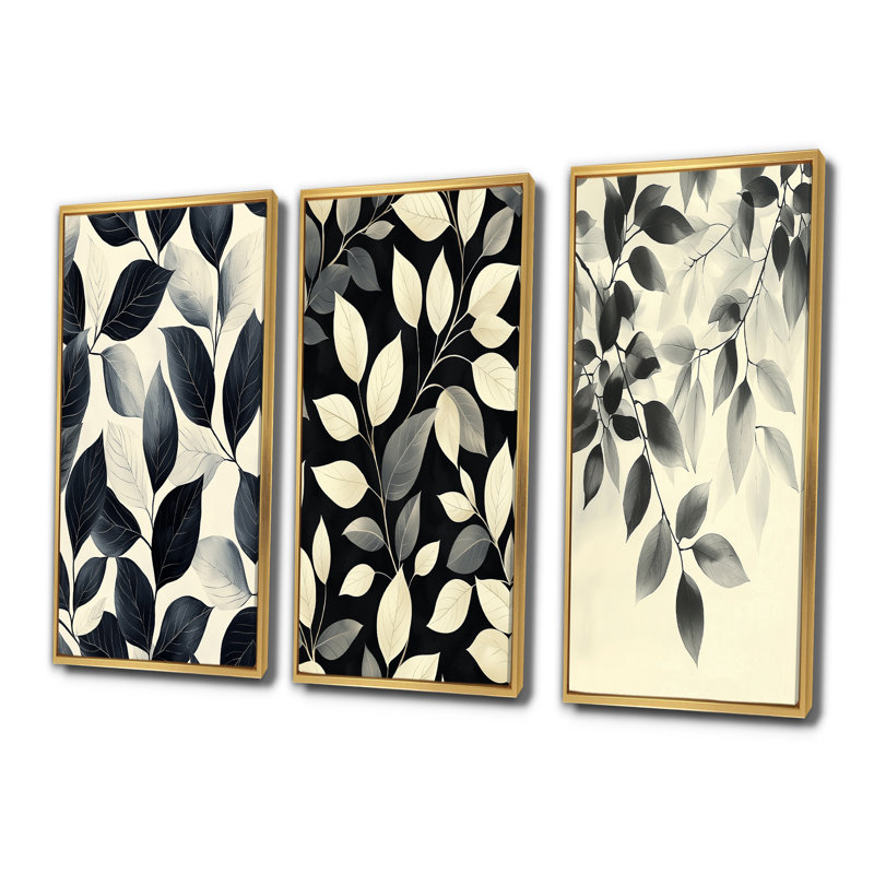 Feuilles noires et beiges tendres doux - Collection de décorations murales traditionnelles dorées, H 28 po x l 36 po, Doré