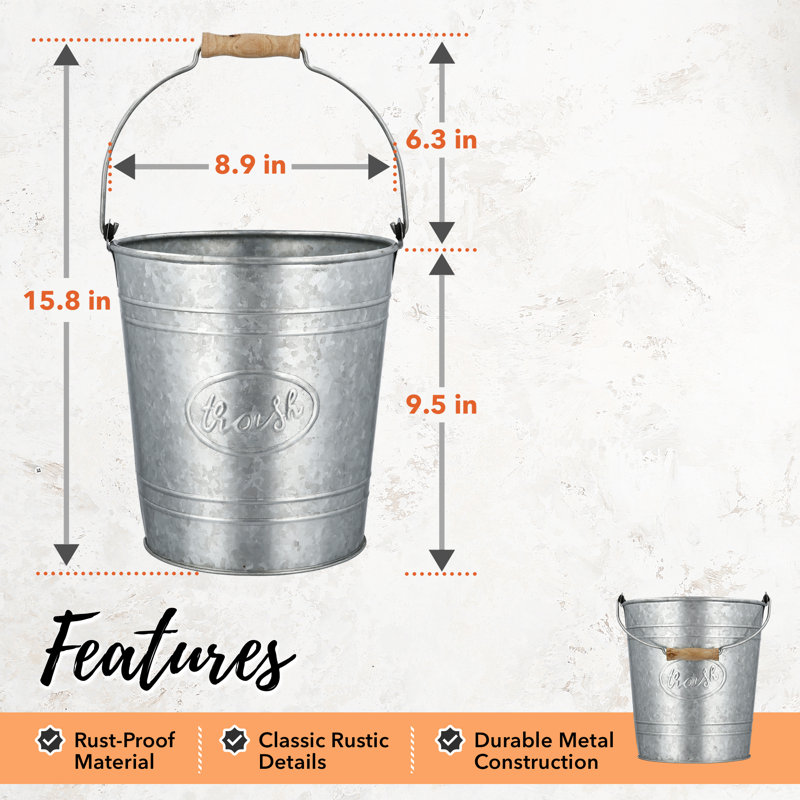 Rustic Galvanized Gray Trash Can with Wooden Handle