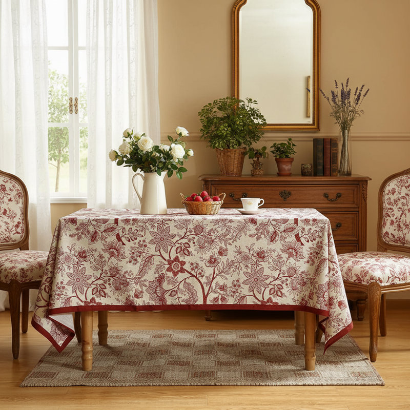 Nappe rectangulaire rouge en lin floral 55 po x 71 po lavable pour l'Action de grâce et pour Noël