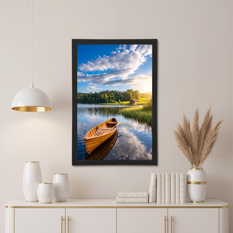 Toile en bois sur un lac avec forêt de pins et nuages, art mural sur toile, H 24 po x l 16 po