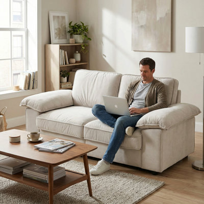 78,74 pouces d'espace en blanc crème, 2 coussins de siège avec rangement caché spacieux, structure en bois et velours blanc rembourré, conception compacte de 79 pouces pour les petits salons, les pieds