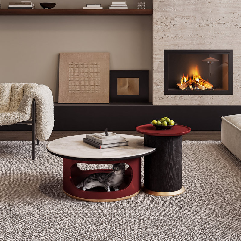 Modern Minimalist Nested Coffee Table Set - Marble Top & Open Storage (33.46" L)