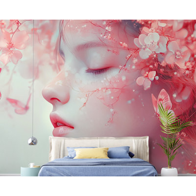 Butterfly Blossom Face Wallpaper – Soft Floral Female Portrait With Butterflies And Petals For Room, Spa Decor, Feminine Aesthetic Art