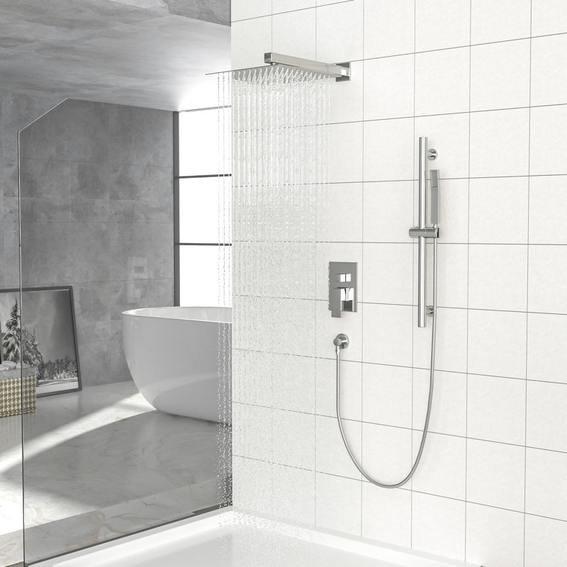 Brushed Nickel Shower With 12 Inch Square Head - Adjustable Slide Bar, -Balanced Valve & Handheld Detail Wall Mounted Feature