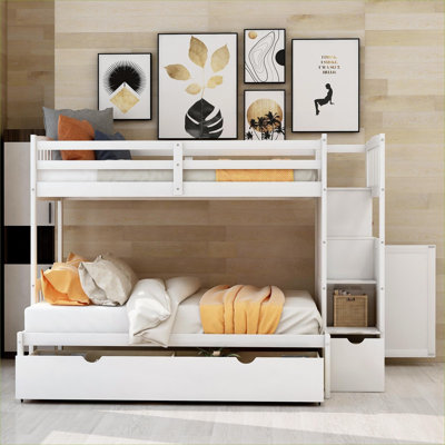 Structure de lit superposé en pin blanc doux et doux, chambre à coucher pour lit simple convertible pour lit d'enfant avec tiroirs de rangement intégrés