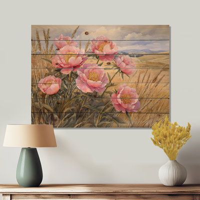 Peonies Along The Country Road II - Peonies Wood Wall Art - On Natural Pine Wood