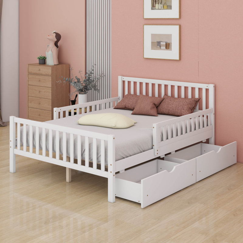 Storage Bed Frame For Kids, Wood Bed With 2 Drawers,Platform Bed With Guardrails On Both Sides For Kids, Girls, Boys, White