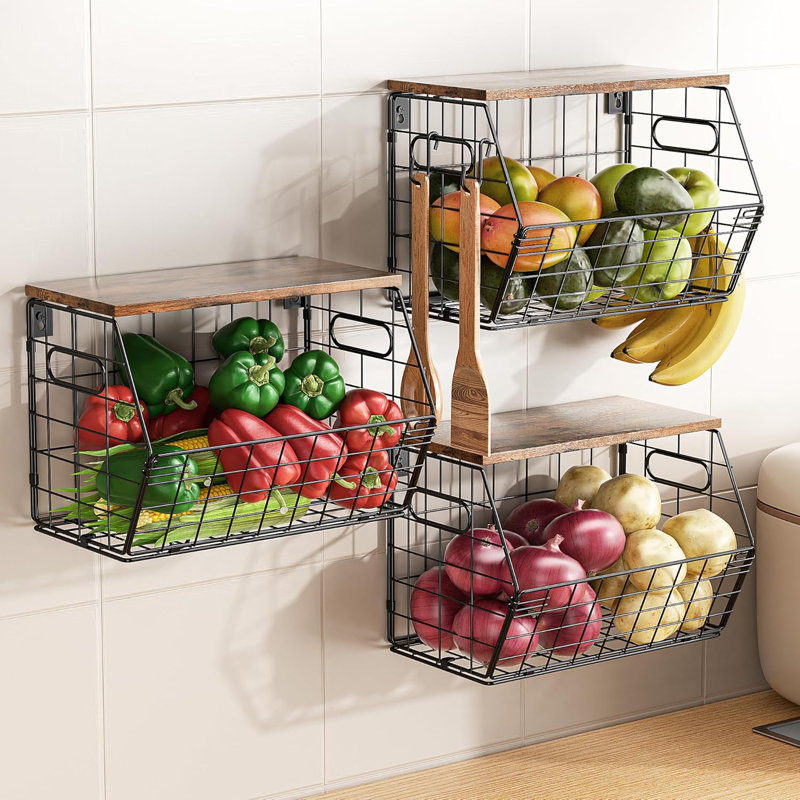 Panier de fruits empilable en métal avec couvercle en bois, paquet de 3, organisateur mural suspendu pour comptoir de cuisine, rangement pour garde-manger pour oignons, pommes de terre, garli, fruits, épices, noir