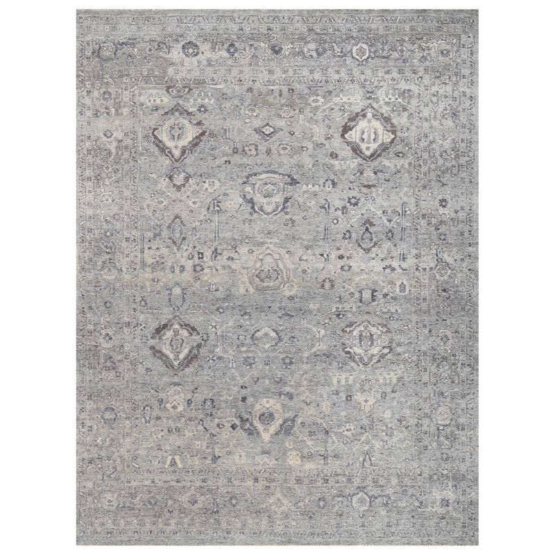 Tapis oriental rectangulaire en laine noué à la main gris / bleu / ivoire, Rectangle 9 pi x 12 pi