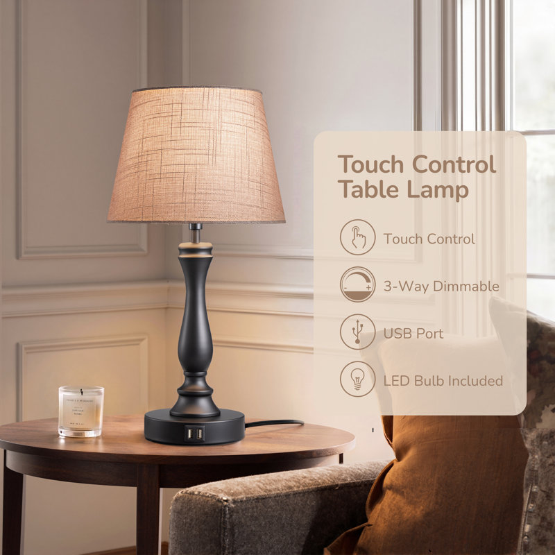 Maestas 19" Black Table Lamp with USB and Touch Control, Gray