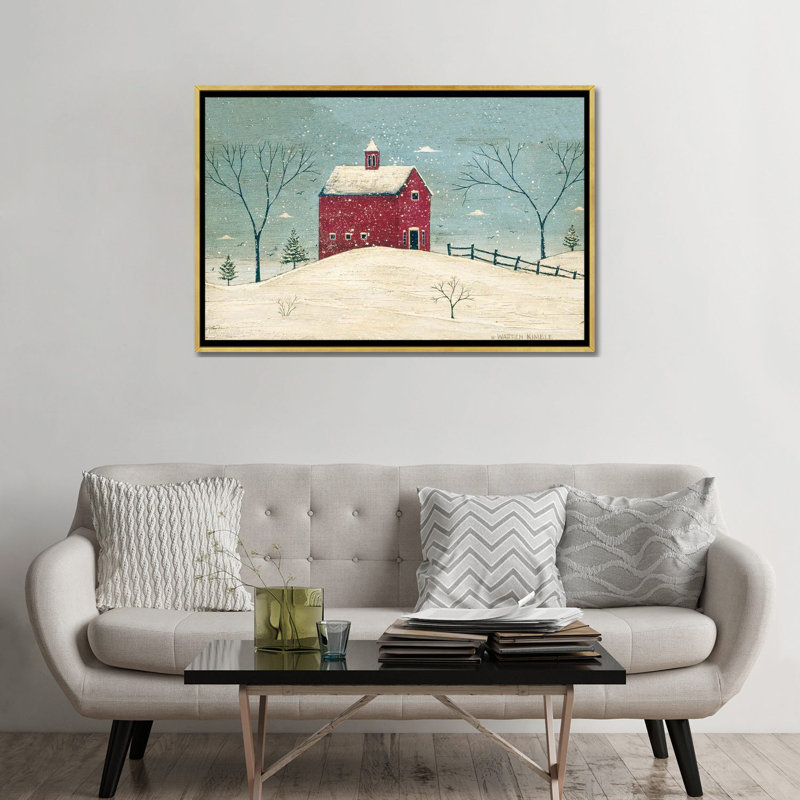 Grange en hiver - impression d'art mural, H 32 po x l 48 po, Reproduction encadrée sans passe-partout, Doré