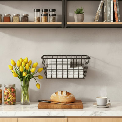 Black 2-Piece Set, No Drilling Required, Adhesive Wall-Mounted Baskets, Cabinet Door Interior Wall Storage Rack, Small, Space-Saving Hanging Organization Baskets.