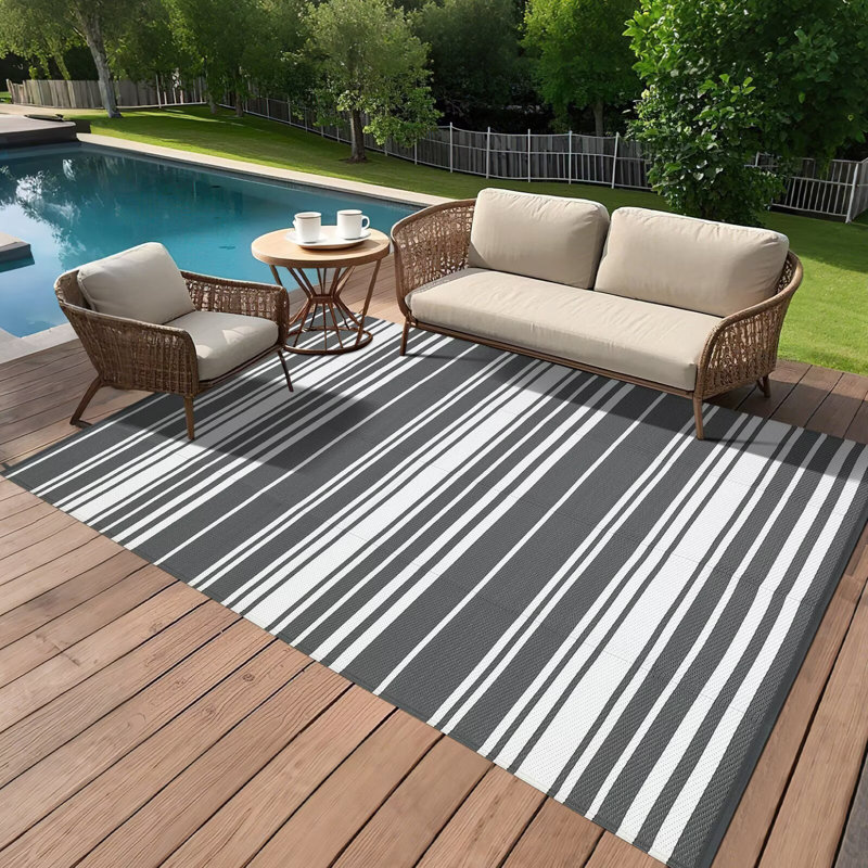Waterproof Outdoor Rug Reversible Plastic Straw Rug, Modern Striped Outside Mat, UV-Resistant Camping Rug, Outdoor Carpet for Porch, Deck