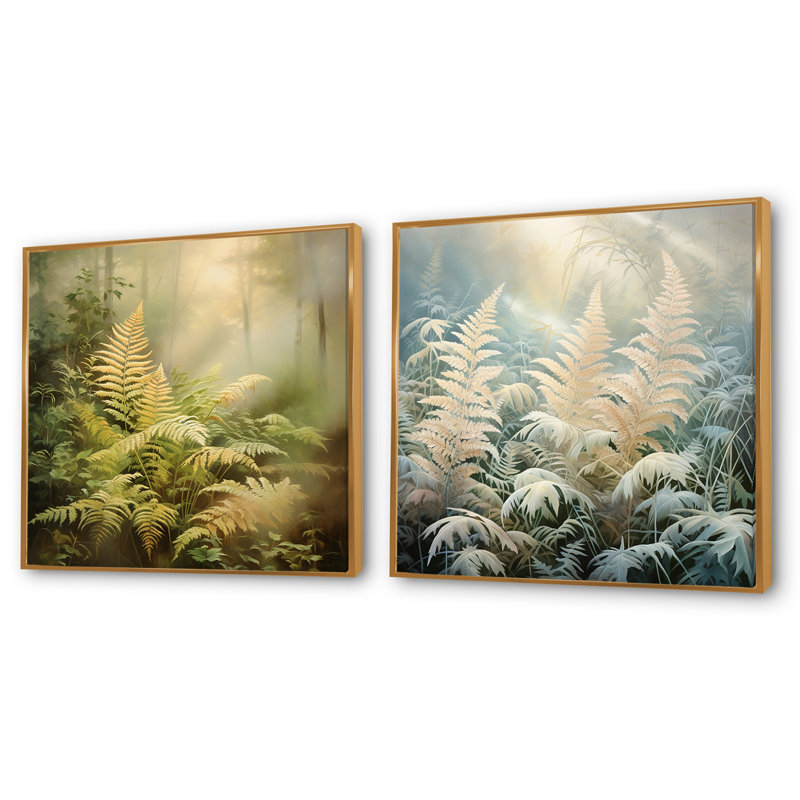 Ferns Romantic Impression II - ensemble de 2 collages floraux carrés, Cadre flottant doré, H 36 po x l 73 po
