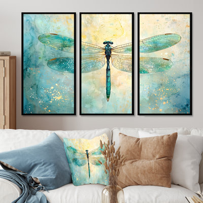 Emerald Dragonfly Iridescent Wings I - Dragonfly Wall Art Print Set