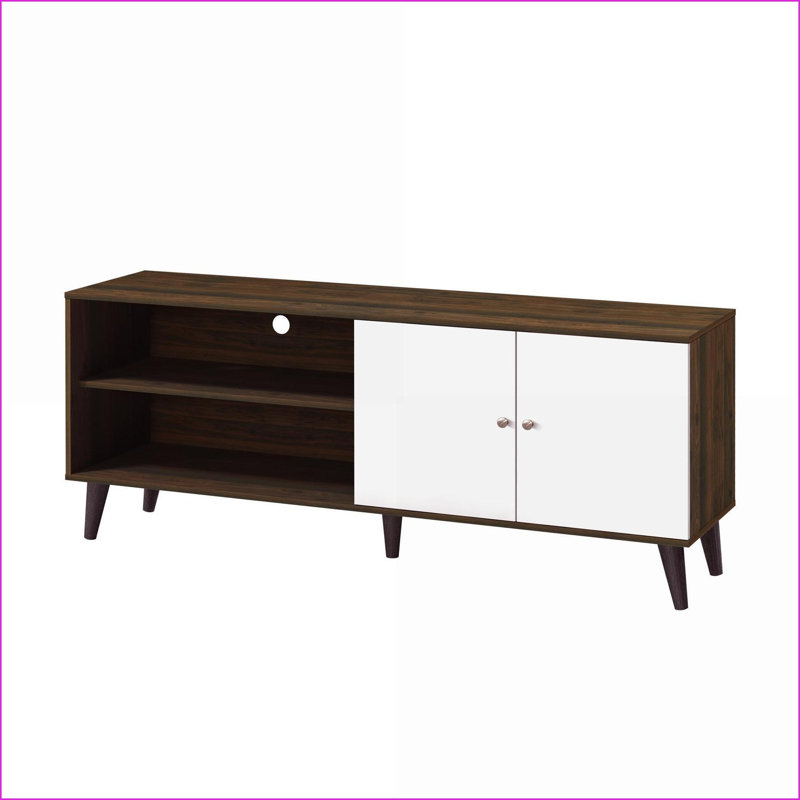 Mid-Century Modern TV Stand for TVs Up to 63" - 2 Shelves &amp; 1 Cabinet | White+Walnut | TV Furniture, Walnut/White