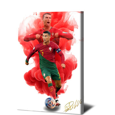 1 pièce, art mural, affiche encadrée, Cristiano Ronaldo, équipe nationale du Portugal, affiche sur toile, décoration murale pour salon, bureau, collection de fans de football, impression de haute qualité avec motif de fumée rouge et signature
