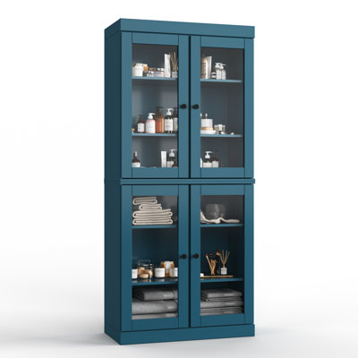 Armoire de salle de bain autoportante 100% bois massif 32 "avec portes en verre transparent et tablettes réglables - Rangement de salle de bain moderne