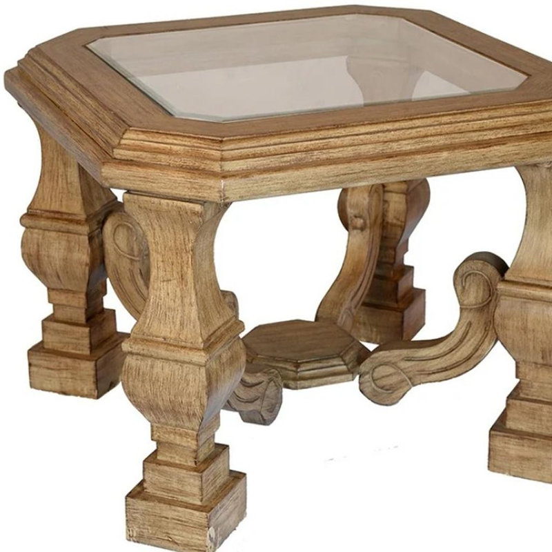 Table de bout carrée 24 "en bois clair et brun clair et verre, Marron clair