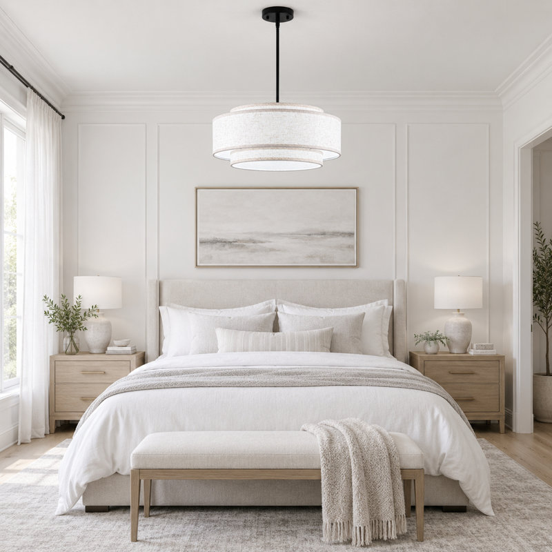 Lustre de tambour moderne à 6 lumières de 60 cm (23,6 po) avec abat-jour en tissu à texture lin à 3 niveaux, Black, 6