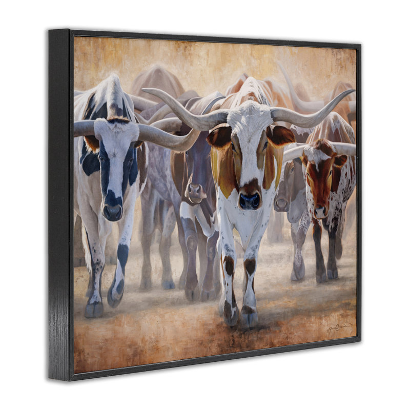 Giclée encadrée «Trots Longhorn» par James Corwin, H 11 po x l 14 po, Giclée encadrée noir minuit