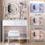Ensemble de coiffeuse à miroir rond de 17 po + ensemble de tabourets à coussin souple, grand miroir, interrupteur tactile, 3 couleurs, luminosité réglable, grand bureau, rangement multicouche de grande capacité, convient aux petits espaces
