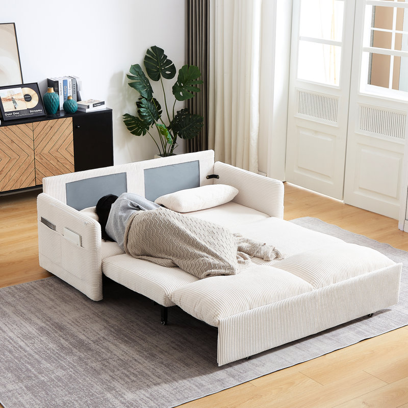 Lit-lit en velours côtelé avec design escamotable, 2 coussins et poches latérales - Confortable pour la vie, la chambre à coucher, un appartement, un bureau, 31 poches réglables, un bureau élégant, un appartement
