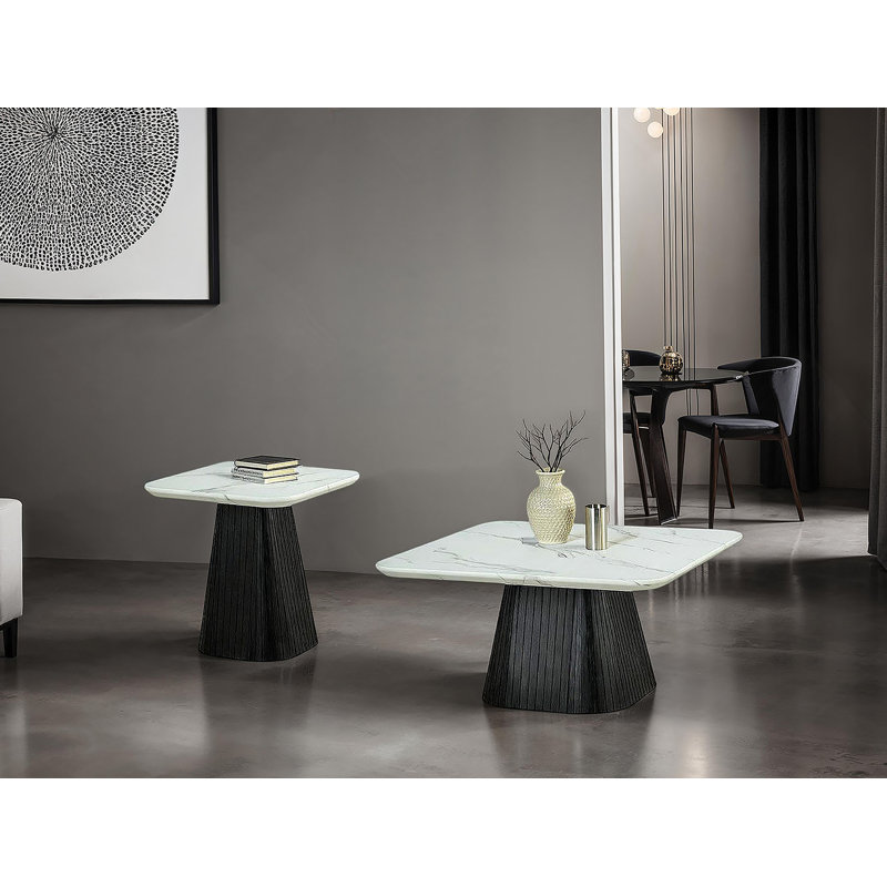 Table basse carrée de style contemporain avec plateau en faux marbre et base tambour