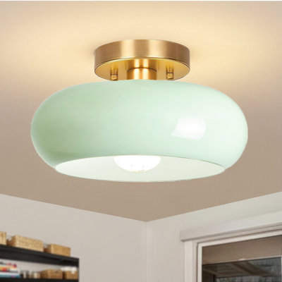 Semi Flush Mount Ceiling Light,11inch Mid Century Modern Light Fixture,Hallway Lighting Fixture with Milk Green Glass Shade,Vintage Ceiling Lamp for Kitchen,Porch,Entryway,Closet