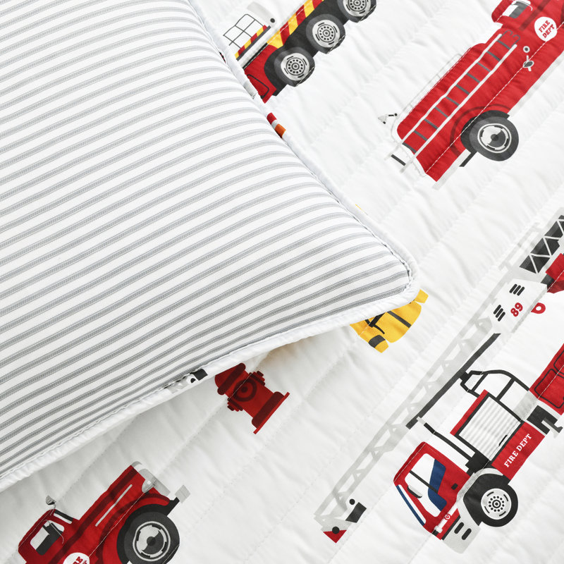  Ensemble de courtepointe Fire Truck, Rouge / Blanc, Courtepointe simple + 1 taie décorative + 1 couss