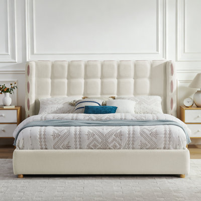 King Size removable Chenille Wingback Upholstered Waffle Bed, Deluxe Gas Lift Platform Bed with Large Under Bed Storage