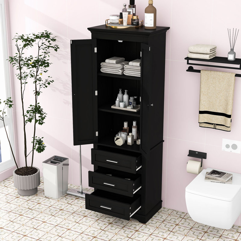 Armoire de salle de bain avec 3 tiroirs et tablettes réglables, Noir, H 70,9 po x l 24,9 po x P 15,9 po