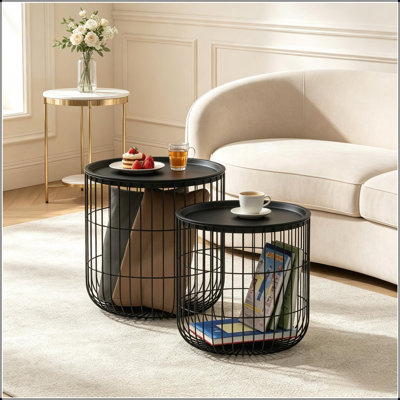 Tables d'appoint modernes en fil de fer, tables basses rondes avec plateau amovible et rangement, ensemble de tables basses polyvalent pour un salon élégant et fonctionnel