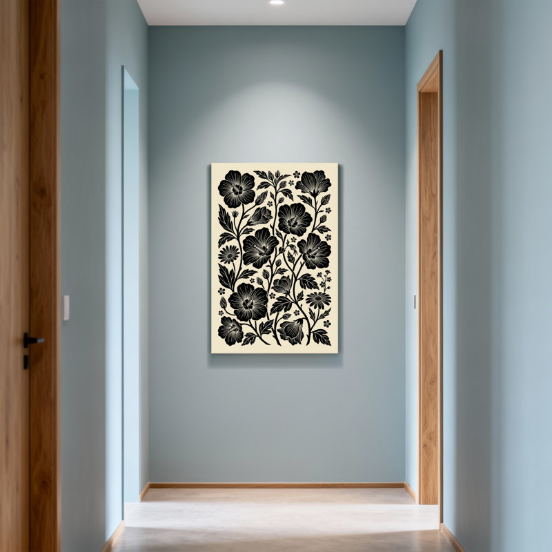 Plantes et fleurs à motif floral noir sur fond crème, H 18 po x l 12 po