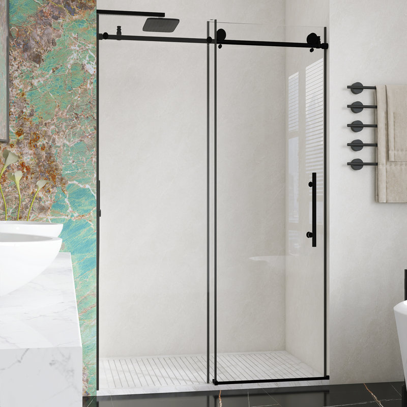 48" W X 76" H Frameless Single Sliding Shower Door With 1/4 "(6 Mm) Clear Tempered Glass, Matte Black
