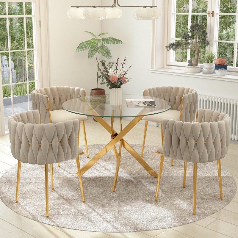 Azaryah Round Restaurant Dining Set, Modern Cross Pedestal Dining Table with Upholstery Velvet Dining Chair, Beige