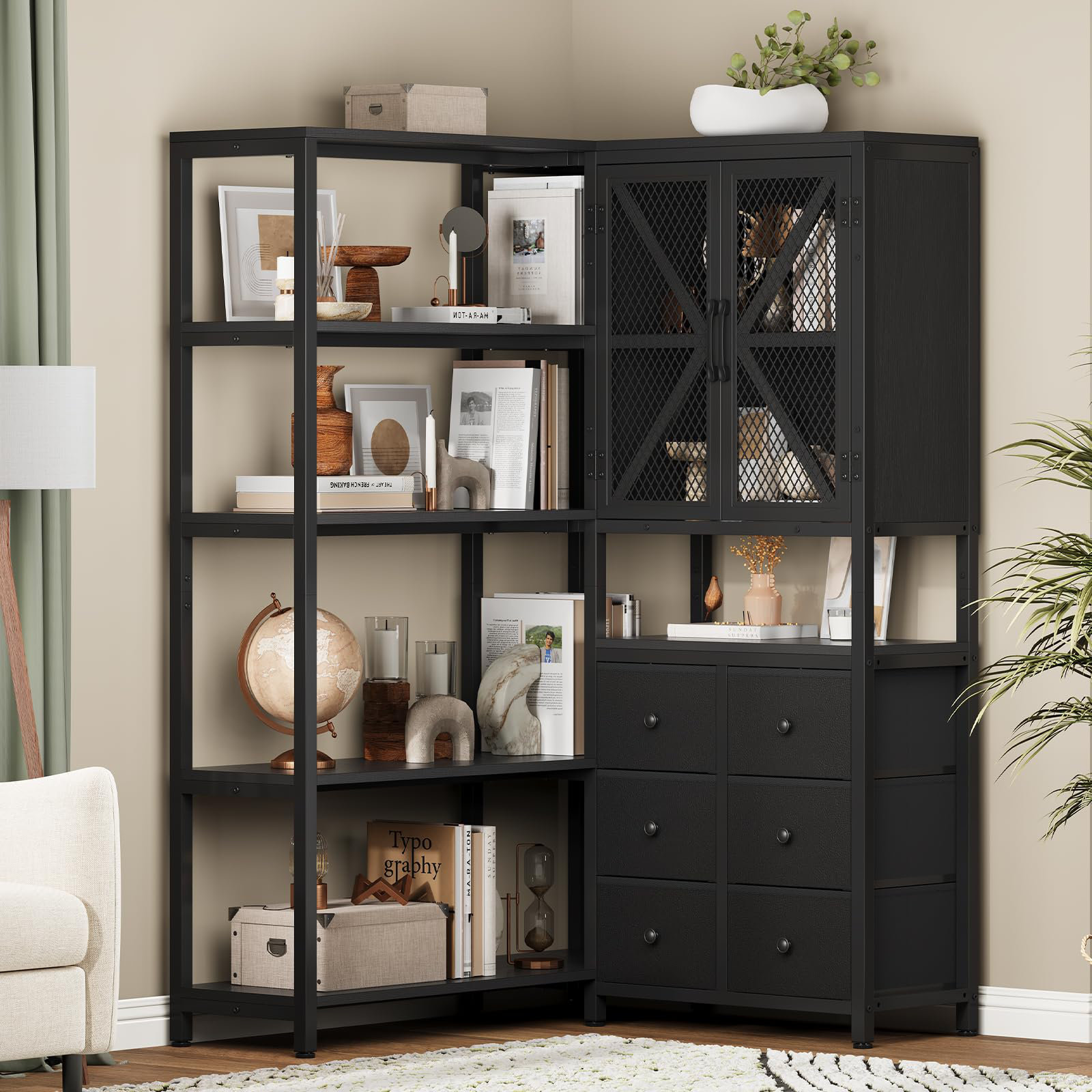 17 Stories 5 Tier Corner Bookcase(L Shaped)Storage Display Shelf For ...