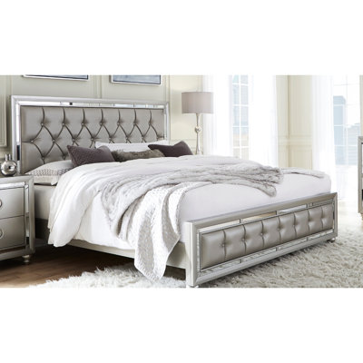 Full Size Gemstone Silver Bed - Solid Wood & , Mirror Trim Accents, 3 Slats + Legs Support, 76"l X 56"w Inner Bedframe, 14"h Siderail, Grey Infusion Material 57.01" Depth 83.14" Width 55.77" Height