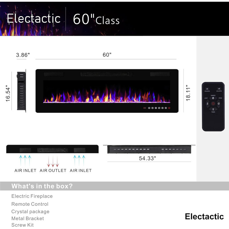 60 inches Electric Fireplace Recessed and Wall Mounted, Fireplace Heater and Linear Fireplace, with Timer, Remote Control, Adjustable Flame Colour, 750w/1500w, Black