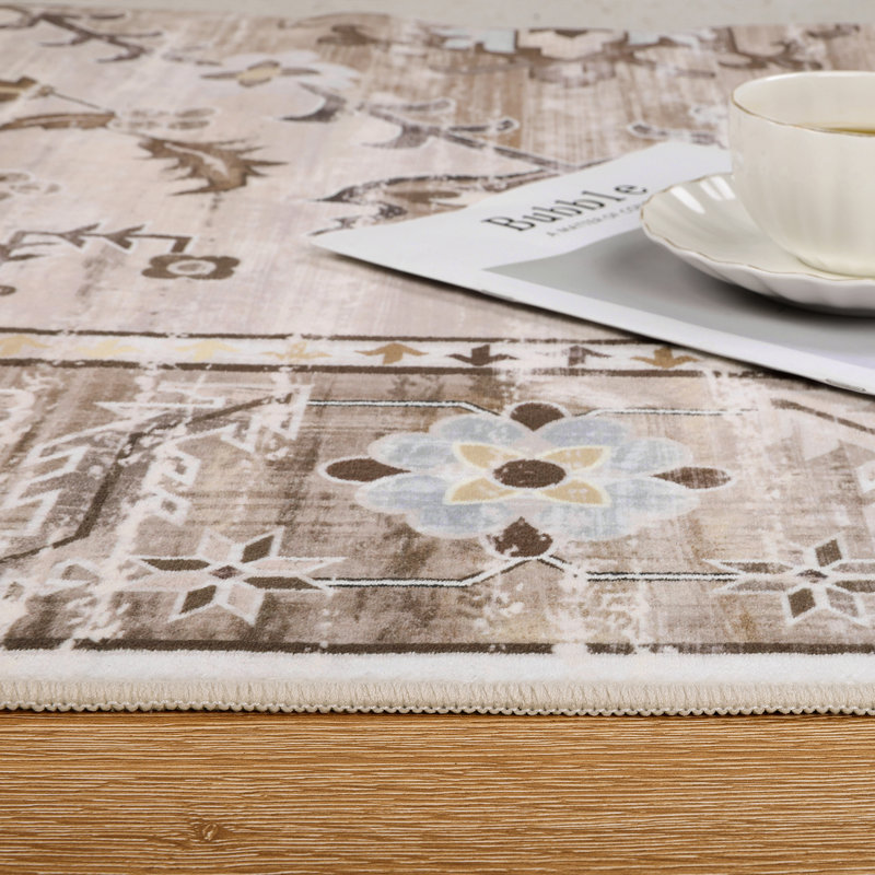 Non-Slip Machine Washable Oriental Brown/Beige Area Rug, Rectangle 5' x 7'
