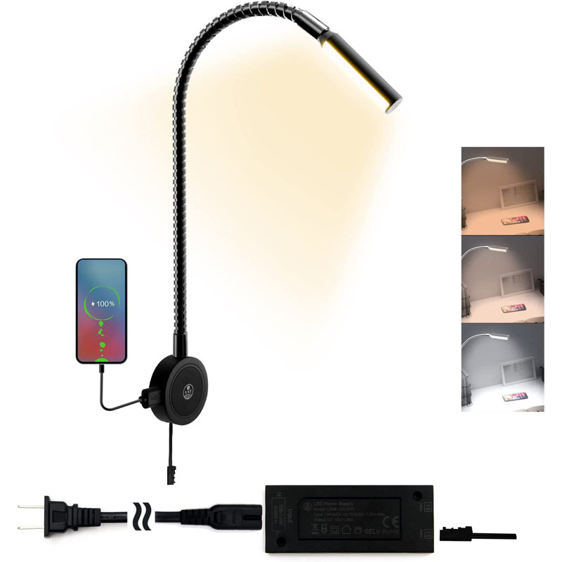 VST Flexible Gooseneck LED Reading Light with USB Charging Port, Bedside Wall Mounted, Black