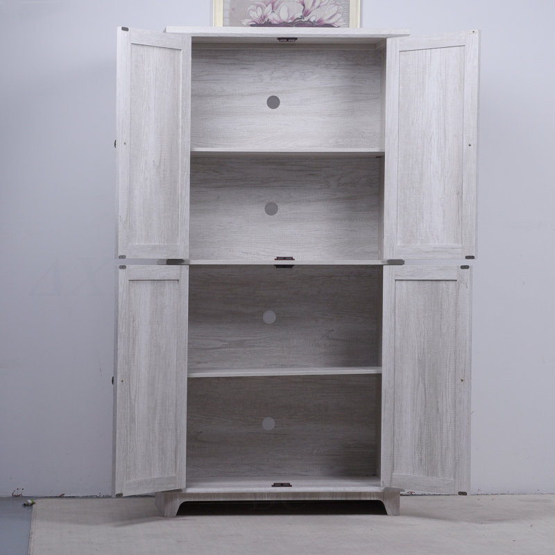 Armoire de rangement 67 portes H 67,4 po à 4 portes en miroir pour coin, entrée, salon, chambre à coucher, cuisine avec tablettes réglables de couleur gris clair, vitrine, bibliothèque