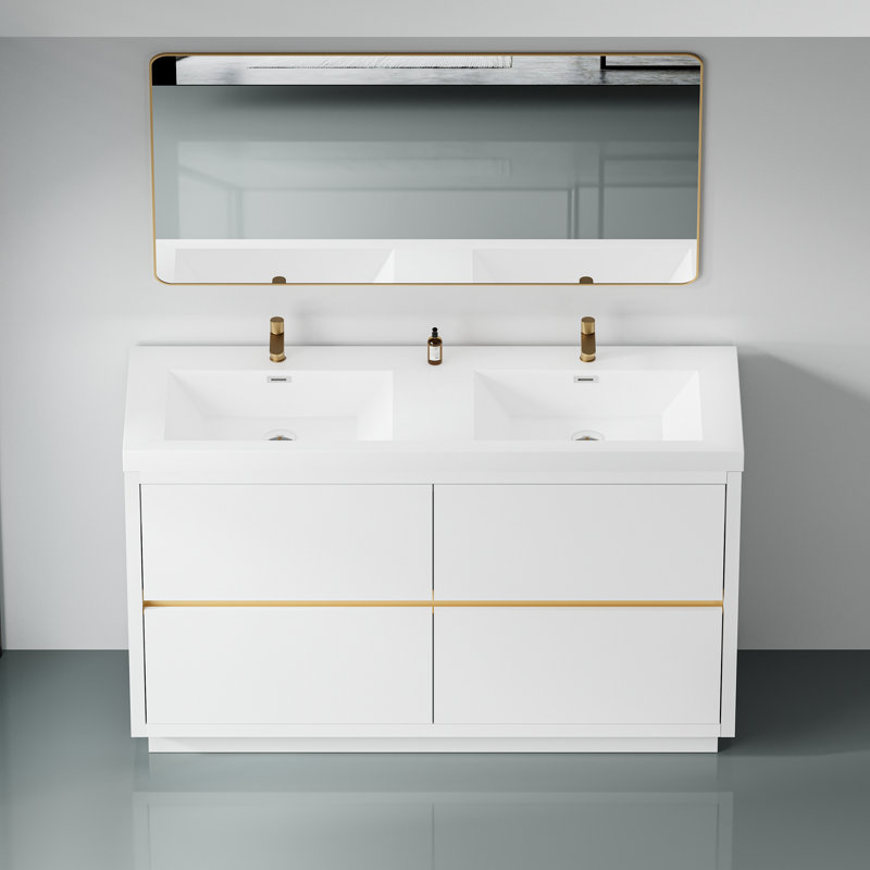 Meuble-lavabo de salle de bain avec comptoir en résine de pierre et tiroirs à fermeture en douceur, Blanc