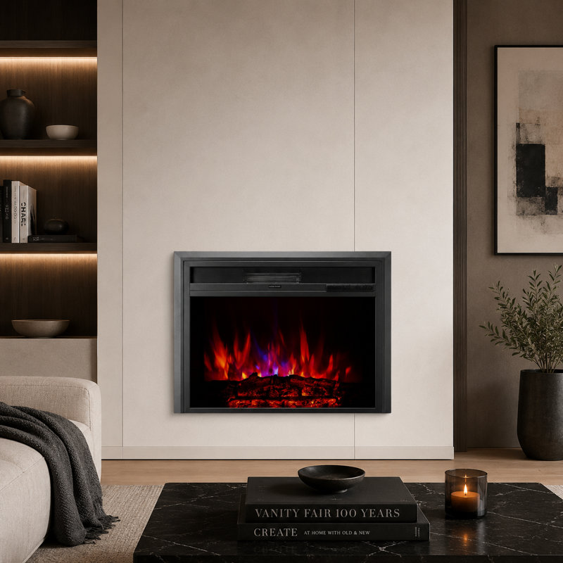 XBrand 32 Inch Black Insert Electric Fireplace Heater w/ Remote Control,  LED Flame Effect and Temperature Limiting Control, Electric Fireplace Insert With Heat, Fireplace Heater W/ Remote Control, Square Electric Fireplace