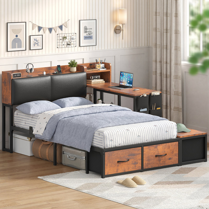 Lit de jour simple avec bureau, base de lit d'angle avec tête de lit, Full, Noir et brun