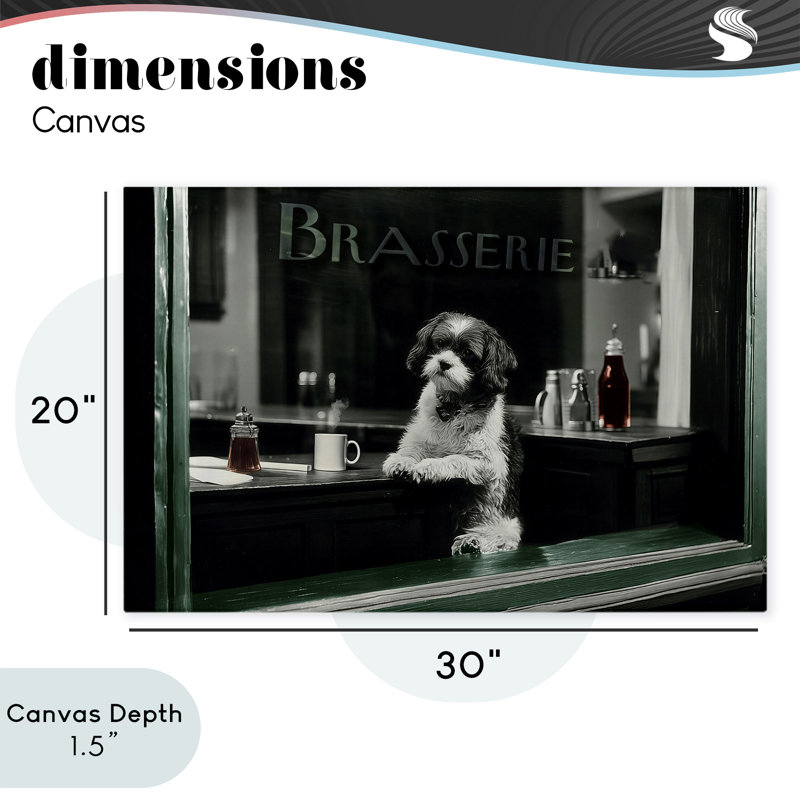 Brasserie, chien rétro dans une toile de fenêtre, design par Annabelle Hall, H 20 po x l 30 po