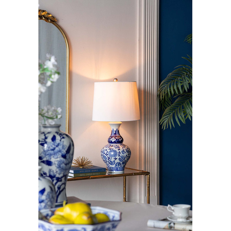 Lampe de vase ronde en céramique bleue et blanche D14x27,6 "